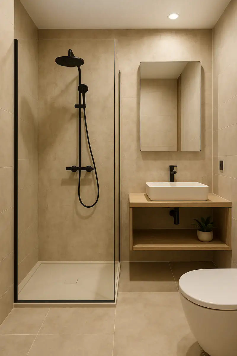 Moderne badkamer met beige wandpanelen en inloopdouche