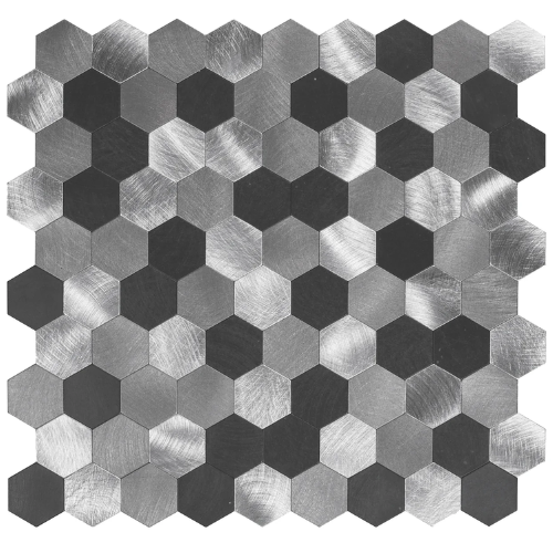 Donkere hexagon mozaïektegels met steenlook afwerking.