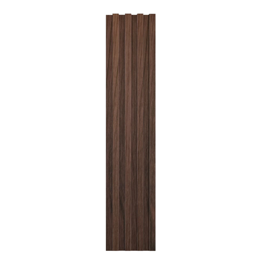 Vertical dark wood slatted wall panel