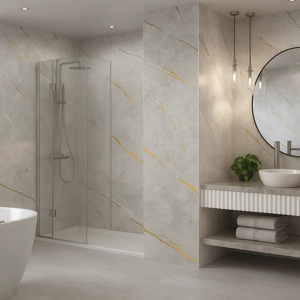 Hoogglans PVC wandpaneel met betonlook en marmerdesign in grijs met goud, 280 × 122 cm, waterbestendig