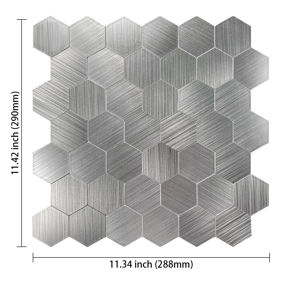 Zilverkleurige hexagon mozaïektegels met geborstelde afwerking en afmetingen.