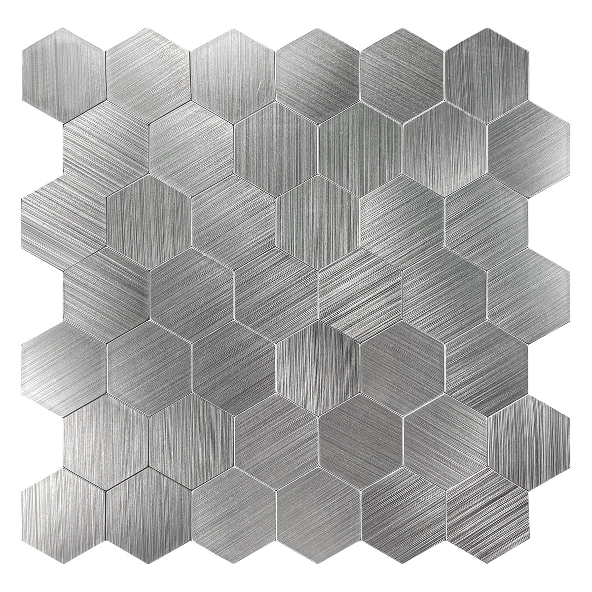 Zilverkleurige hexagon mozaïektegels met geborstelde afwerking en afmetingen.