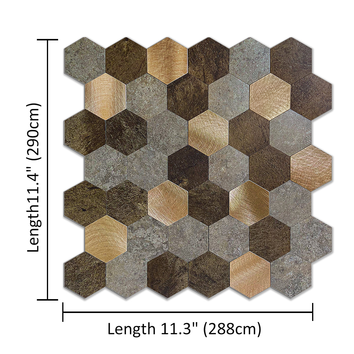 Hexagon mozaïektegels in goud-, brons- en grijstinten met afmetingen.