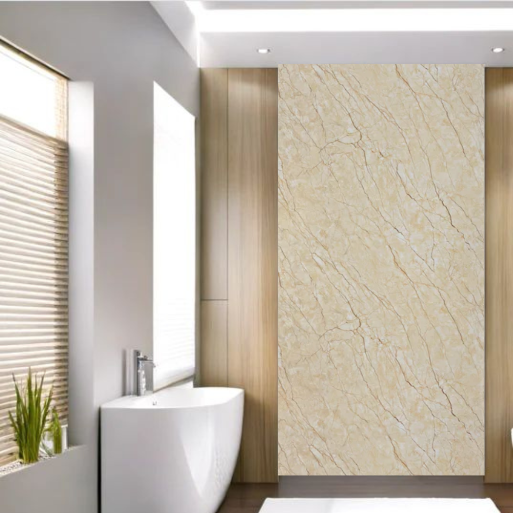 Goud marmerlook PVC wandpaneel hoogglans in badkamer